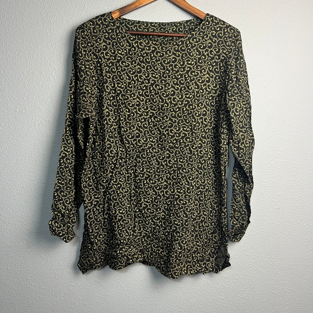 Vtg Laura Kiffer‎ for Susan Burrowes Rayon Black Gold Swirl Tunic Blouse Size 12